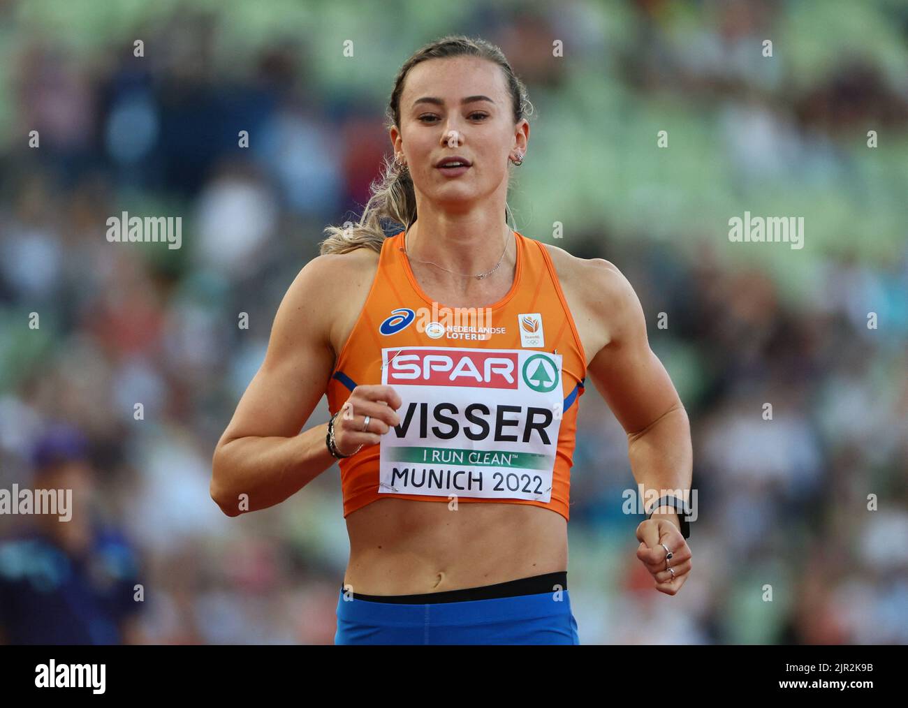 2022 European Championships - Athletics - Olympiastadion, Munich, Germany - August 21, 2022 Netherlands' Nadine Visser during the Women's 100m Hurdles Semifinals REUTERS/Wolfgang Rattay Stock Photo