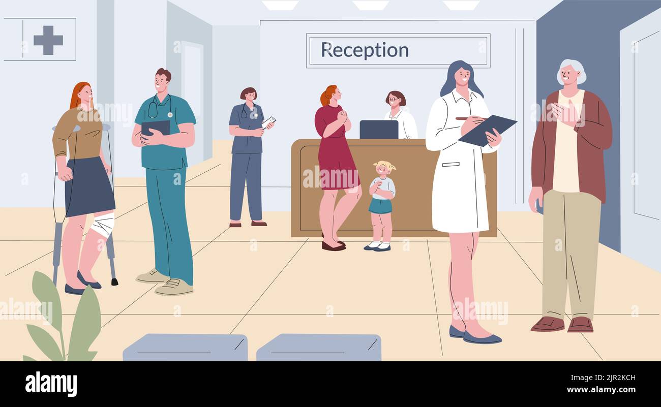 Visiting hospital and waiting medical staff. Clinic reception interior
