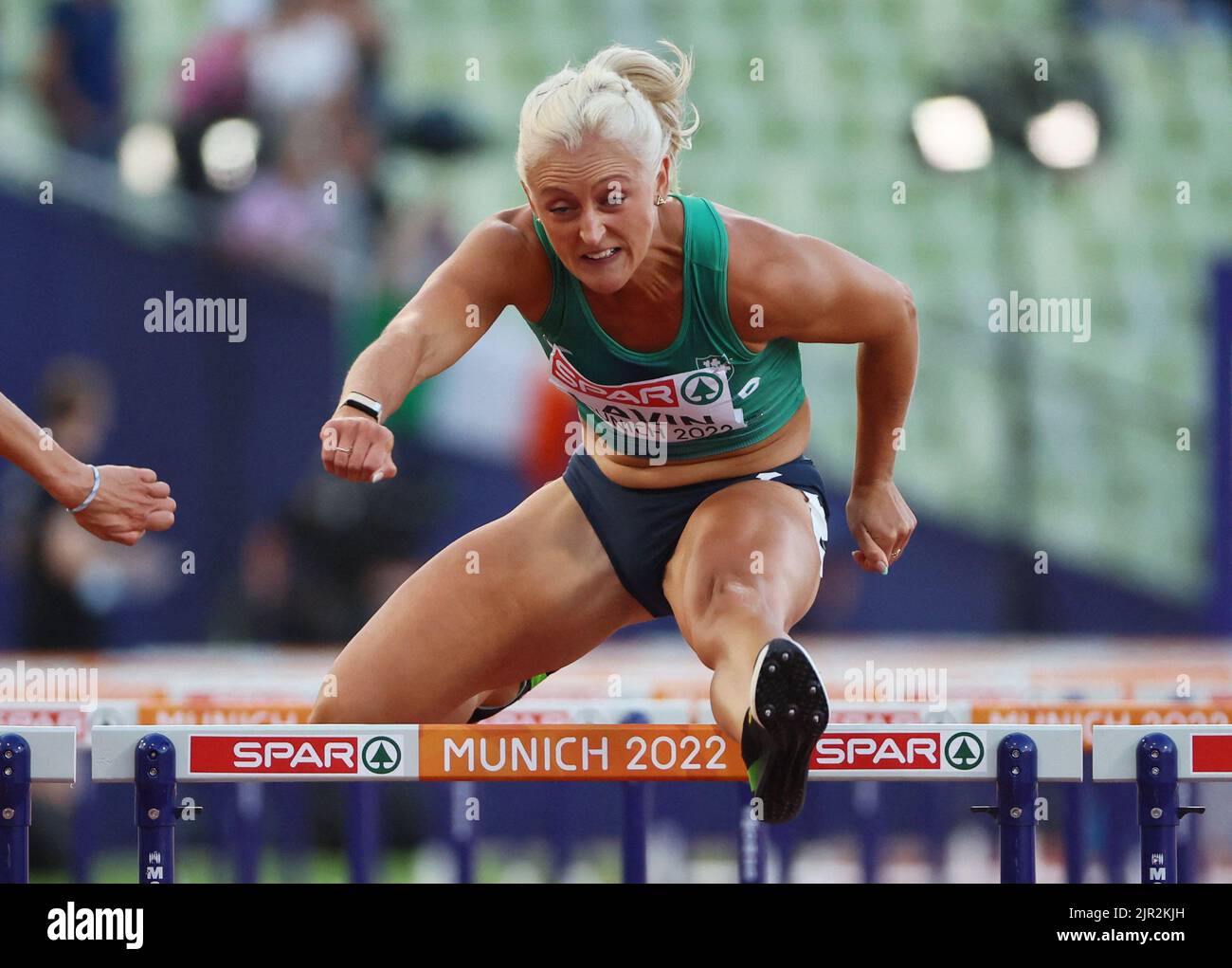 2022 European Championships - Athletics - Olympiastadion, Munich, Germany - August 21, 2022 Republic of Ireland's Sarah Lavin in action during the Women's 100m Hurdles Semifinals REUTERS/Wolfgang Rattay Stock Photo