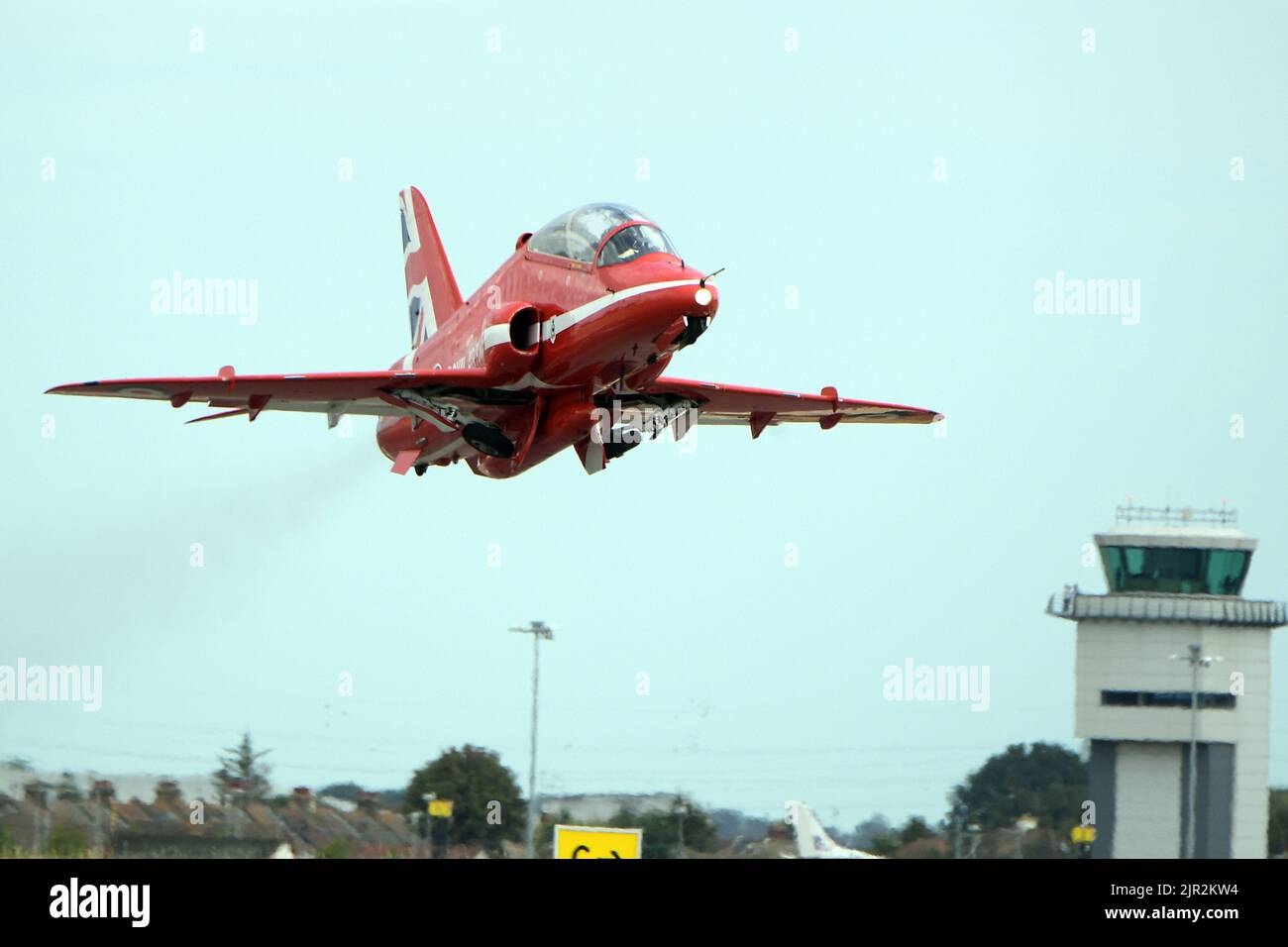 Southend-on-Sea Essex, UK. 21st Aug, 2022. The Red Arrows take off from Southend airport heading for the Eastbourne airshow. The display team have been using the Essex airport as an operational base for the duration of the airshow Credit: MARTIN DALTON/Alamy Live News Stock Photo