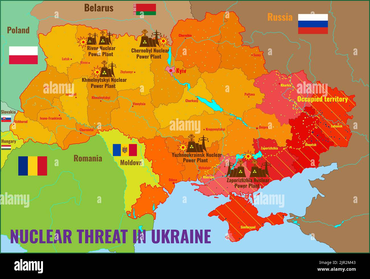 Map of the NPP of Ukraine. Zaporozhye NPP presents a risk of radioactive contamination in combat conditions. NUCLEAR POLLUTION THREAT IN UKRAINE Stock Photo