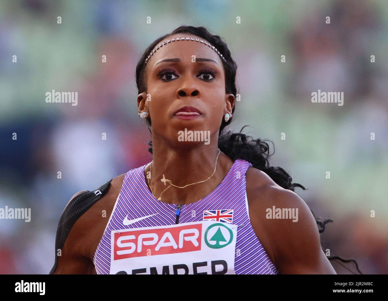 2022 European Championships - Athletics - Olympiastadion, Munich, Germany - August 21, 2022 Britain's Cindy Sember reacts after winning the women's 100m hurdles semi-final 3 REUTERS/Wolfgang Rattay Stock Photo
