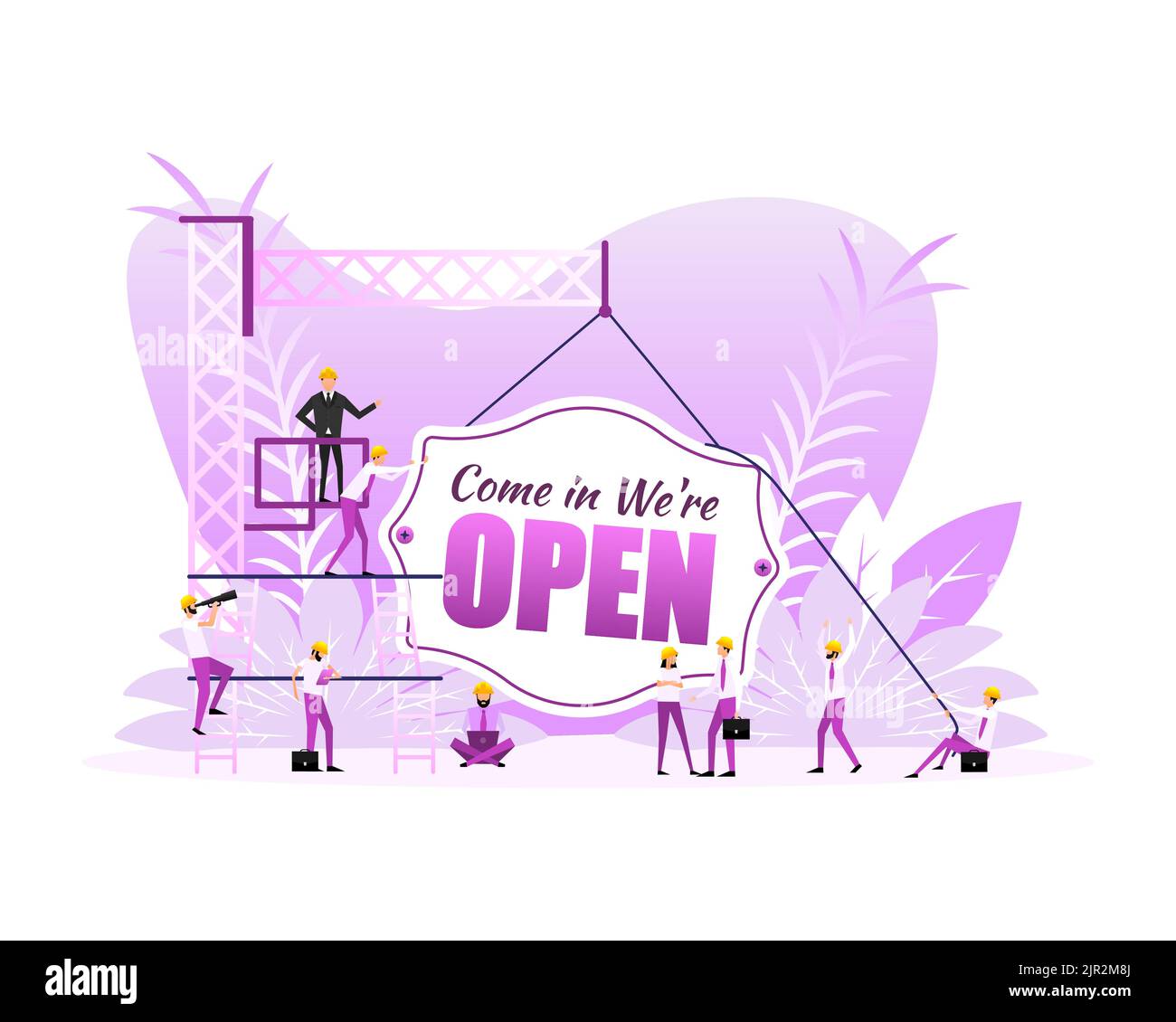Come in we are open sign door, many people. Vector illustration Stock Vector