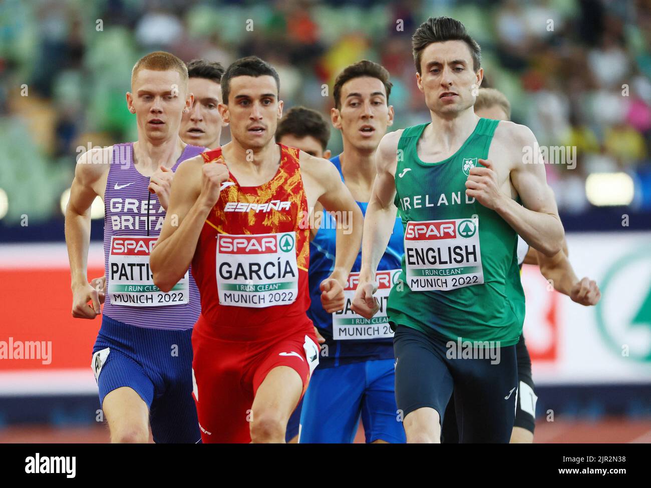 2022 European Championships - Athletics - Olympiastadion, Munich, Germany - August 21, 2022 Ireland's Mark English and Spain's Mariano Garcia in action during the men's 800m final REUTERS/Wolfgang Rattay Stock Photo