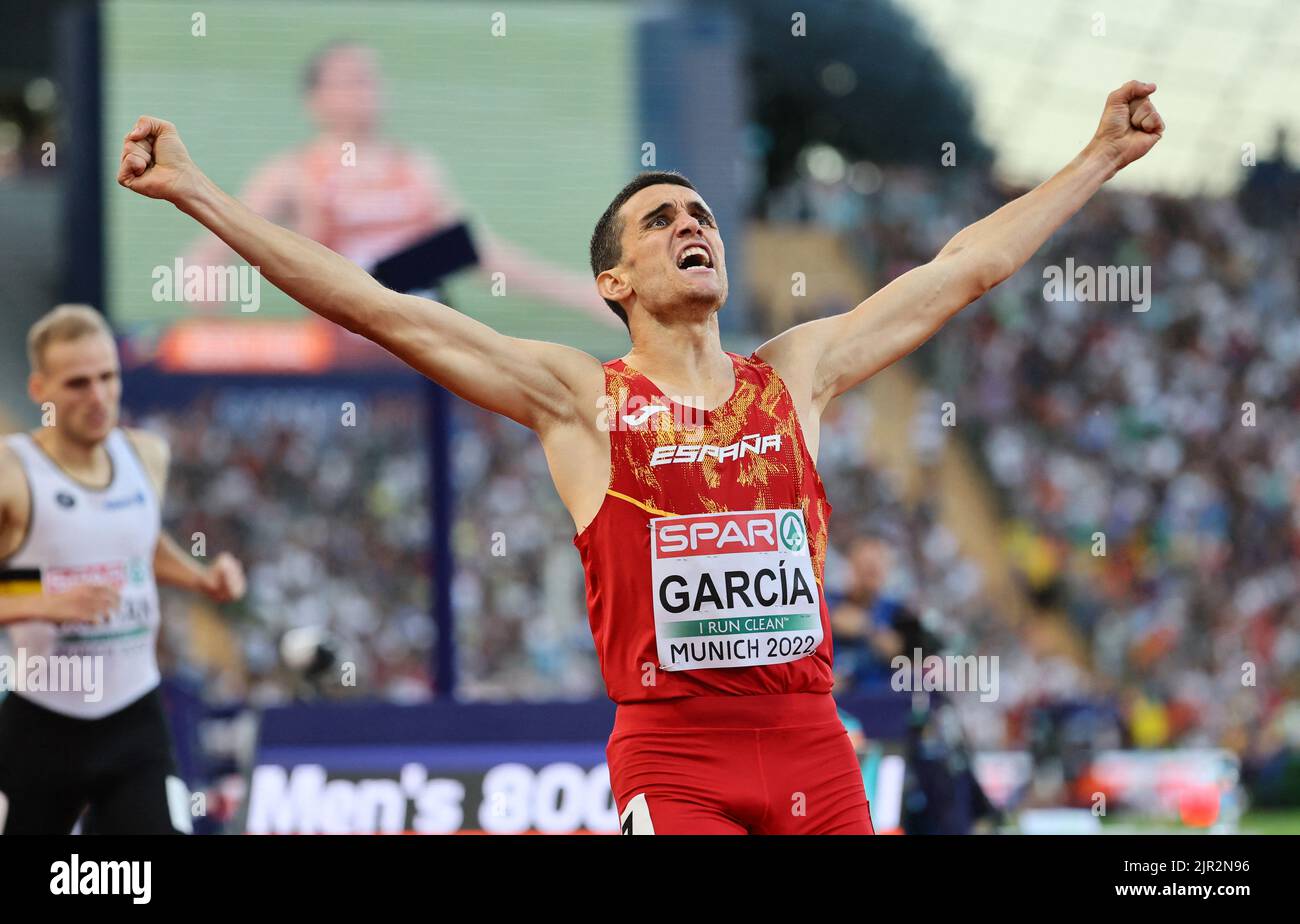 2022 European Championships - Athletics - Olympiastadion, Munich, Germany - August 21, 2022 Spain's Mariano Garcia celebrates after winning gold in the men's 800m final REUTERS/Wolfgang Rattay Stock Photo