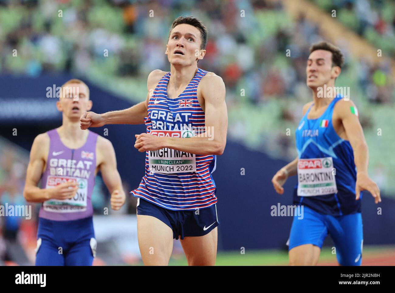 2022 European Championships - Athletics - Olympiastadion, Munich, Germany - August 21, 2022 Britain's Jake Wightman reacts after crossing the line  to win silver in the men's 800m final REUTERS/Wolfgang Rattay Stock Photo