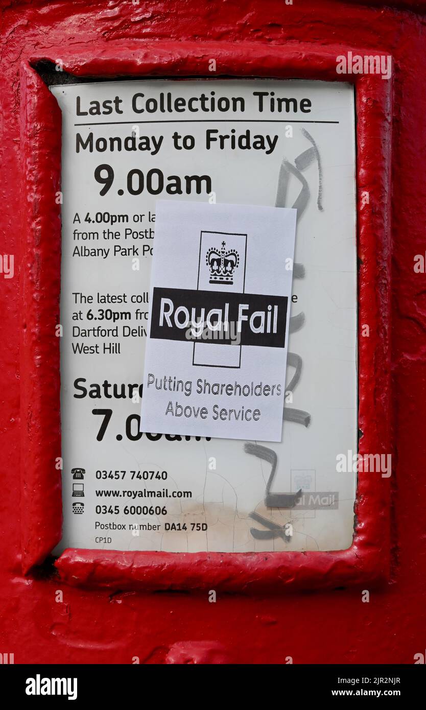 Kent, UK. 21/08/2022, A sticker with the caption 'Royal Fail : Putting Shareholders Above Service' was attached to letter boxes in support of the forthcoming Royal Mail workers strike.Crown office employees will strike on 27th August and supply chain and admin members of the union will walk out on 30th August. Stock Photo