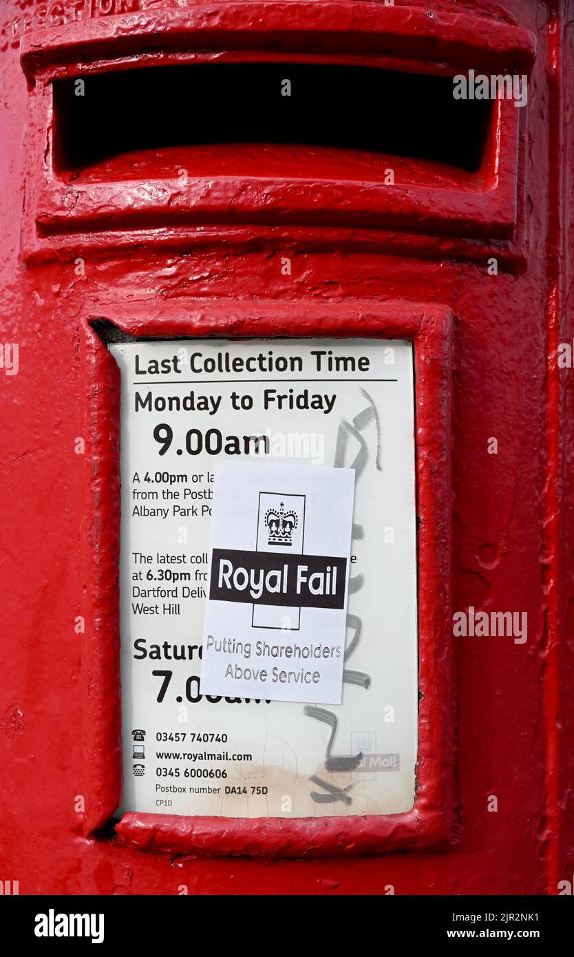 Kent, UK. 21/08/2022, A sticker with the caption 'Royal Fail : Putting Shareholders Above Service' was attached to letter boxes in support of the forthcoming Royal Mail workers strike.Crown office employees will strike on 27th August and supply chain and admin members of the union will walk out on 30th August. Stock Photo