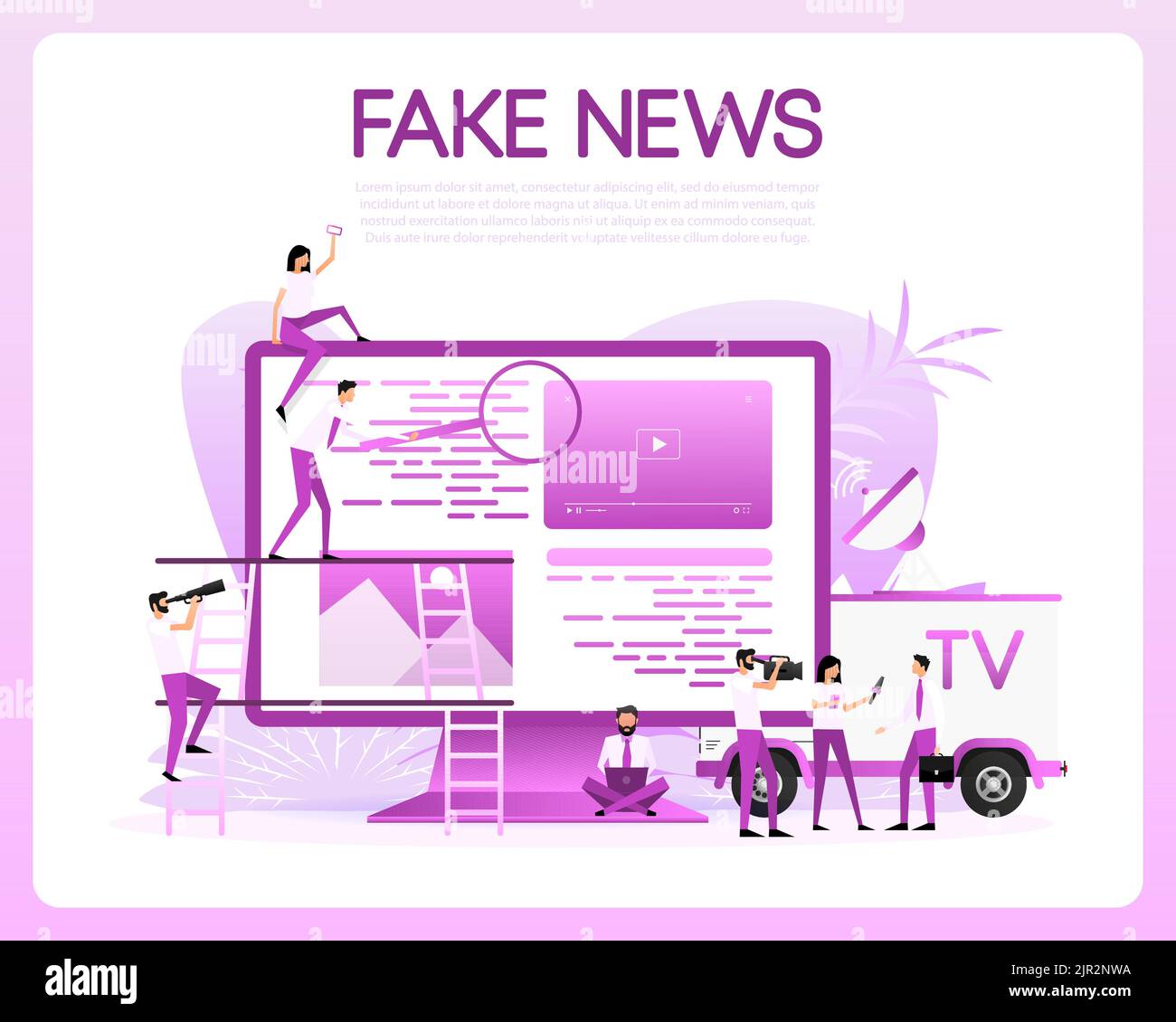 Fake news on laptop screen. Scanning with magnifying glass. Stock Vector