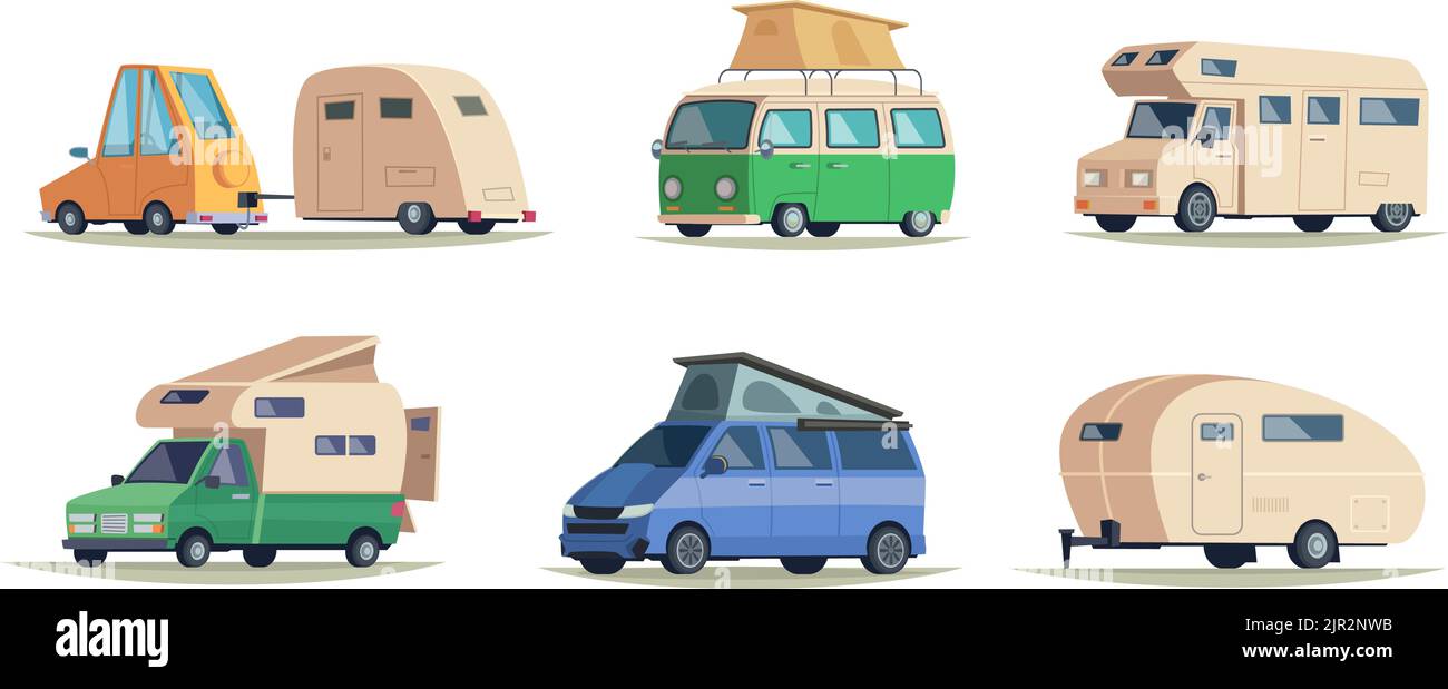 Camping cars. Vintage caravan vehicles for outdoor camp travelling road vacation happy tourism symbols exact vector cartoon pictures Stock Vector
