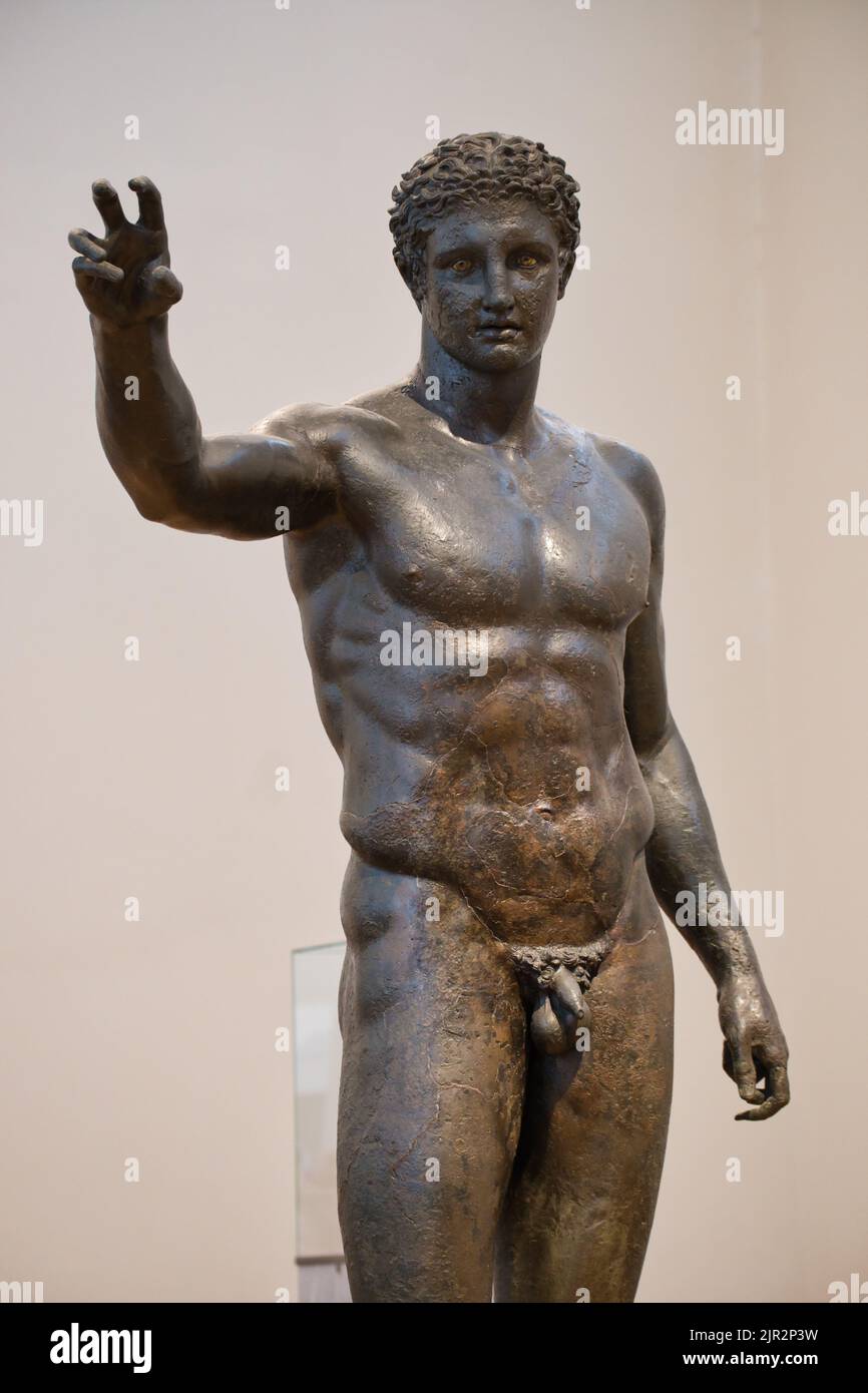 View of the bronze statue of Paris inside the Archaeological museum in Athens Stock Photo