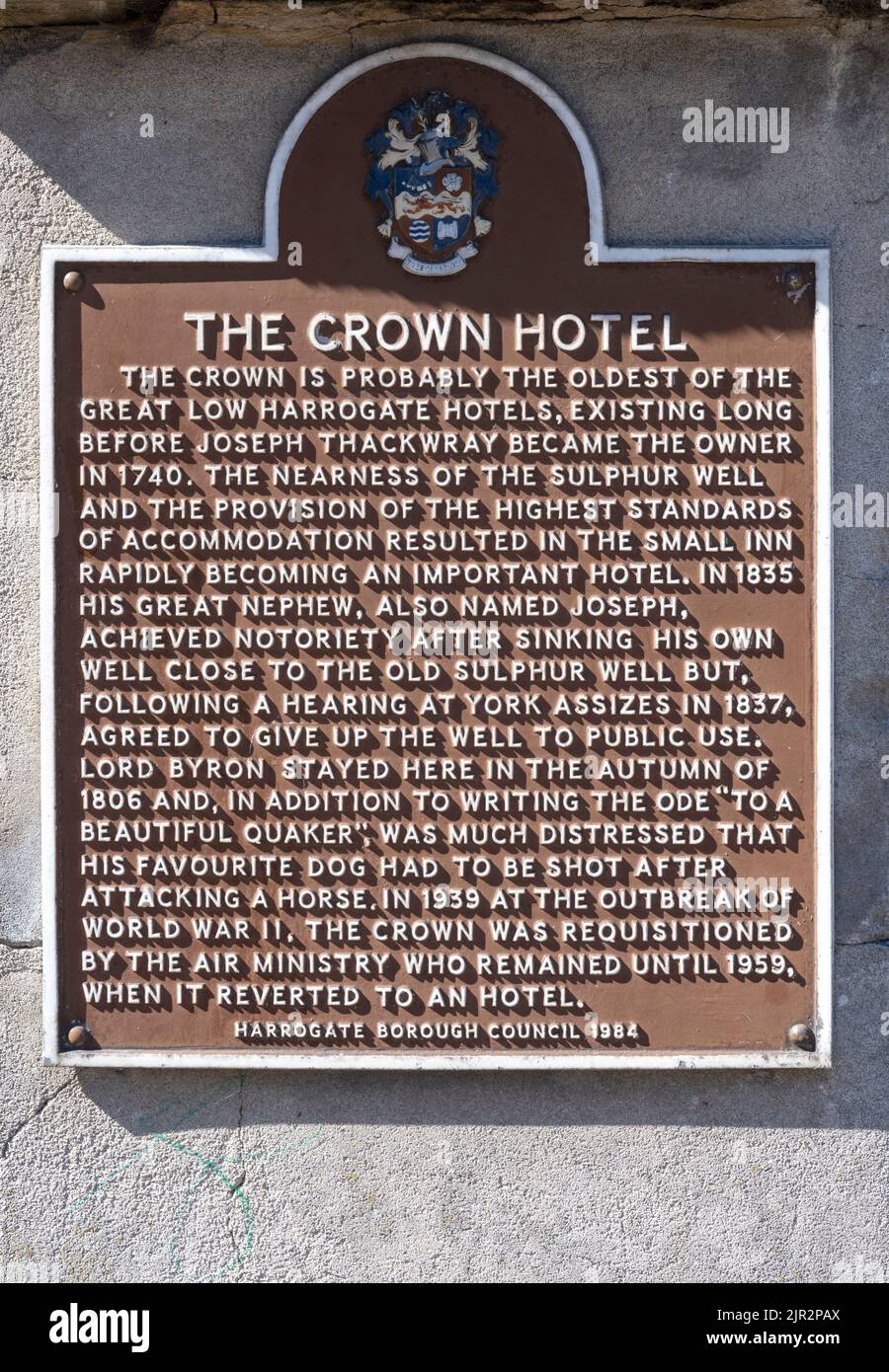 Heritage plaque at The Crown Hotel, Crown Place, Harrogate, Yorkshire, England, UK Stock Photo