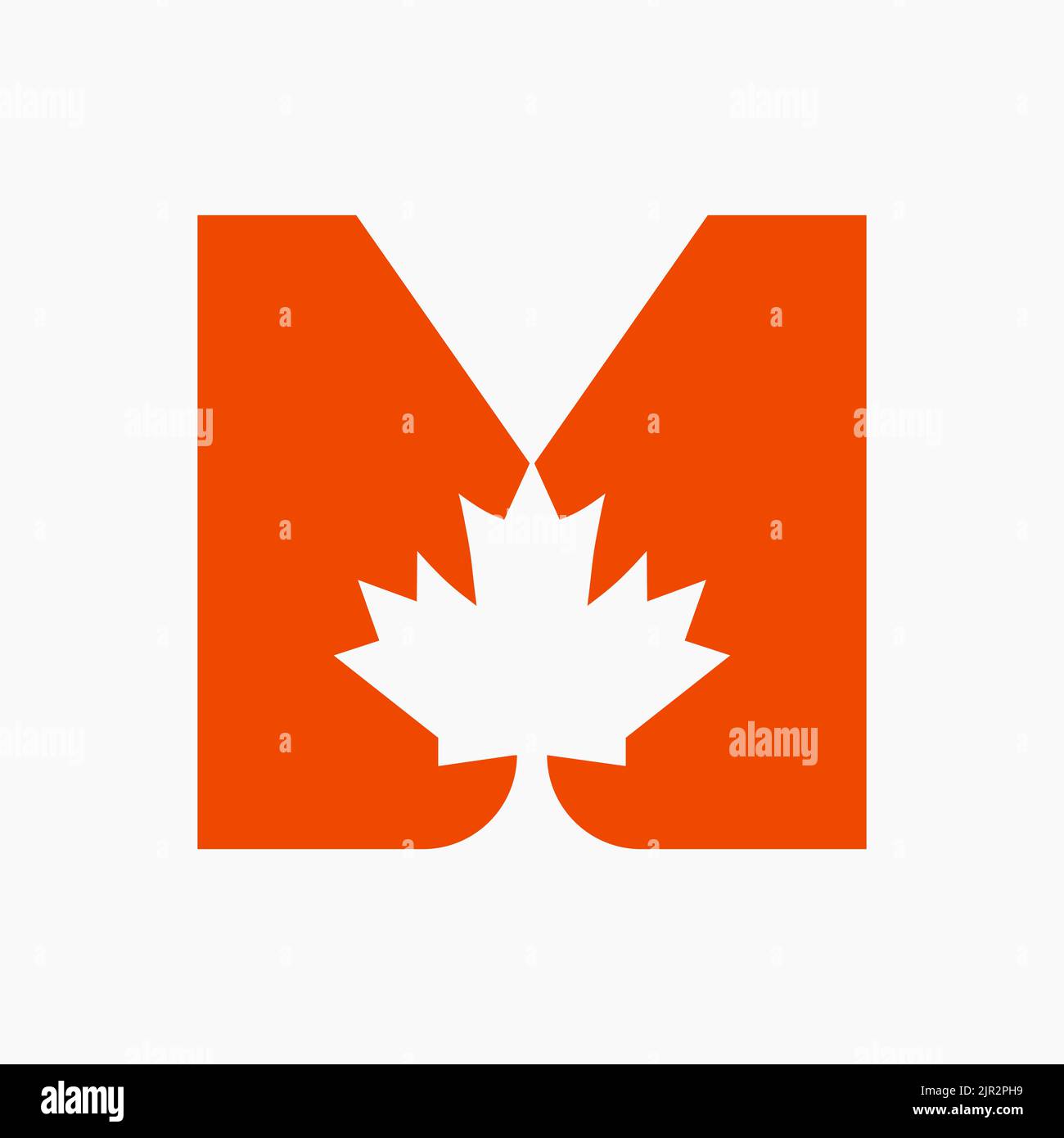 Canadian Red Maple Logo on Letter M Vector Symbol. Maple Leaf Concept For Canadian Company Identity Stock Vector
