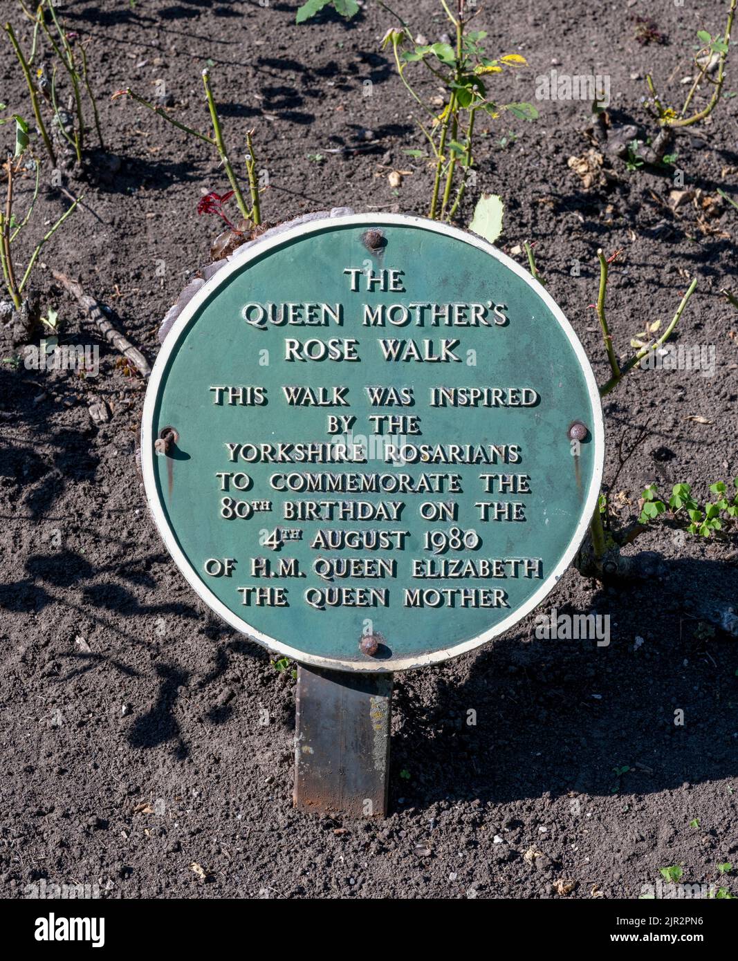 Green plaque at The Queen Mothers Rose Walk to commemorate her 80th birthday 4th August 1980 - Harrogate, North Yorkshire, Yorkshire, England, UK Stock Photo