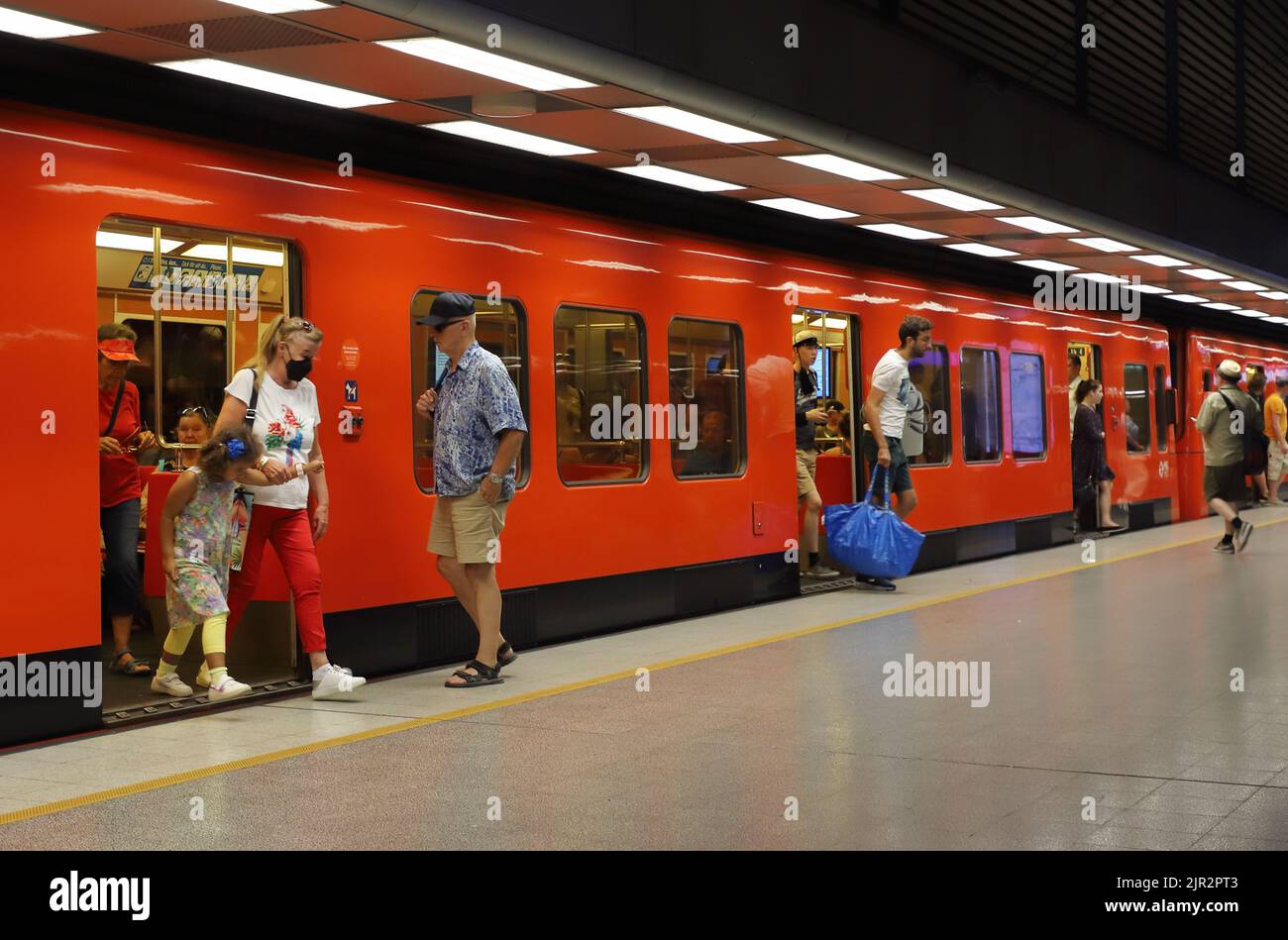 Helsinki, Finland - August 20, 2022: A Helsinki metro train calling at the Hakaniemi subway station. Stock Photo