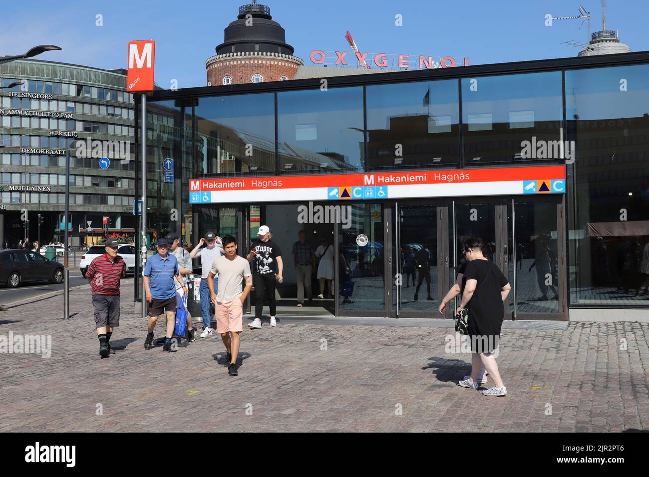 Helsinki, Finland - August 20, 2022: Exterior view of the Hakaniemi metro station entrance. Stock Photo