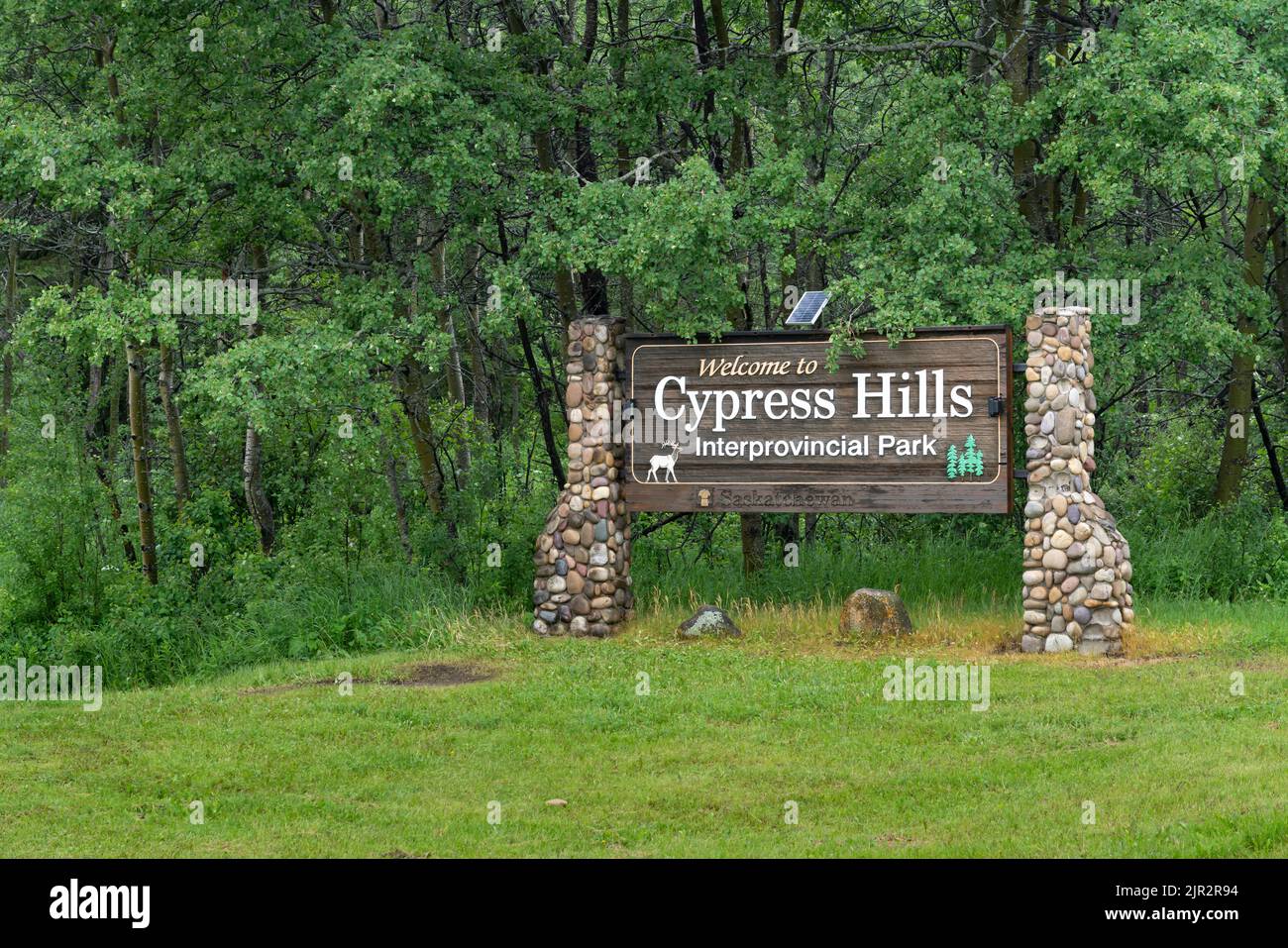 The park sign to the Cypress Hills Interprovincial Park, Saskatchewan, Canada. Stock Photo