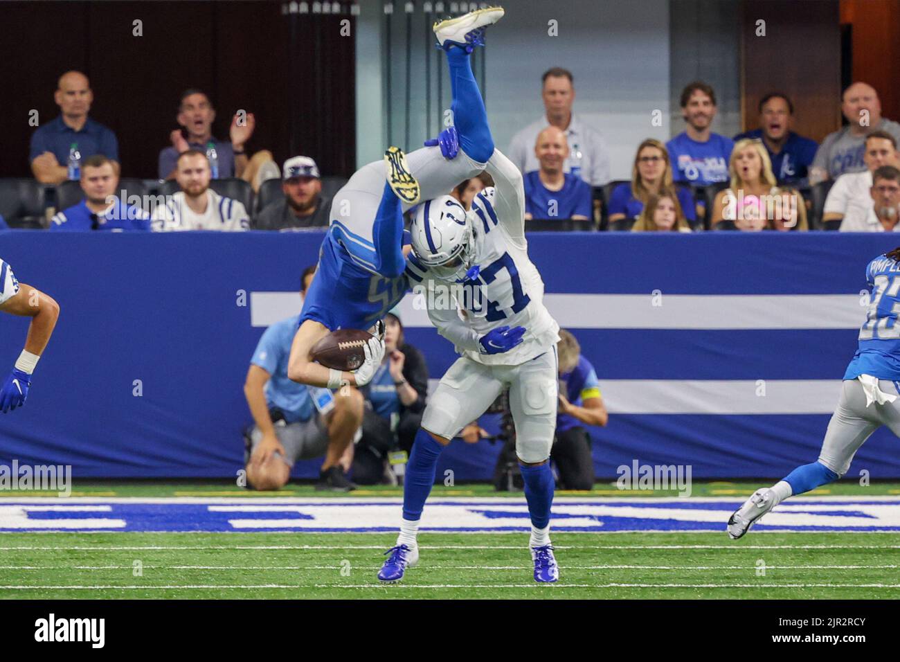 Indianapolis Colts cornerback Anthony Chesley (47) breaks up a pass to Detroit  Lions wide receiver Kalil Pimpleton (83) during first half of an NFL  preseason football game in Indianapolis, Saturday, Aug. 20