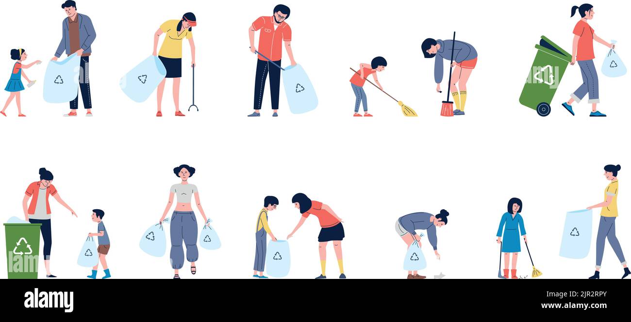 Characters collect garbage, picking litter in plastic recycling bags