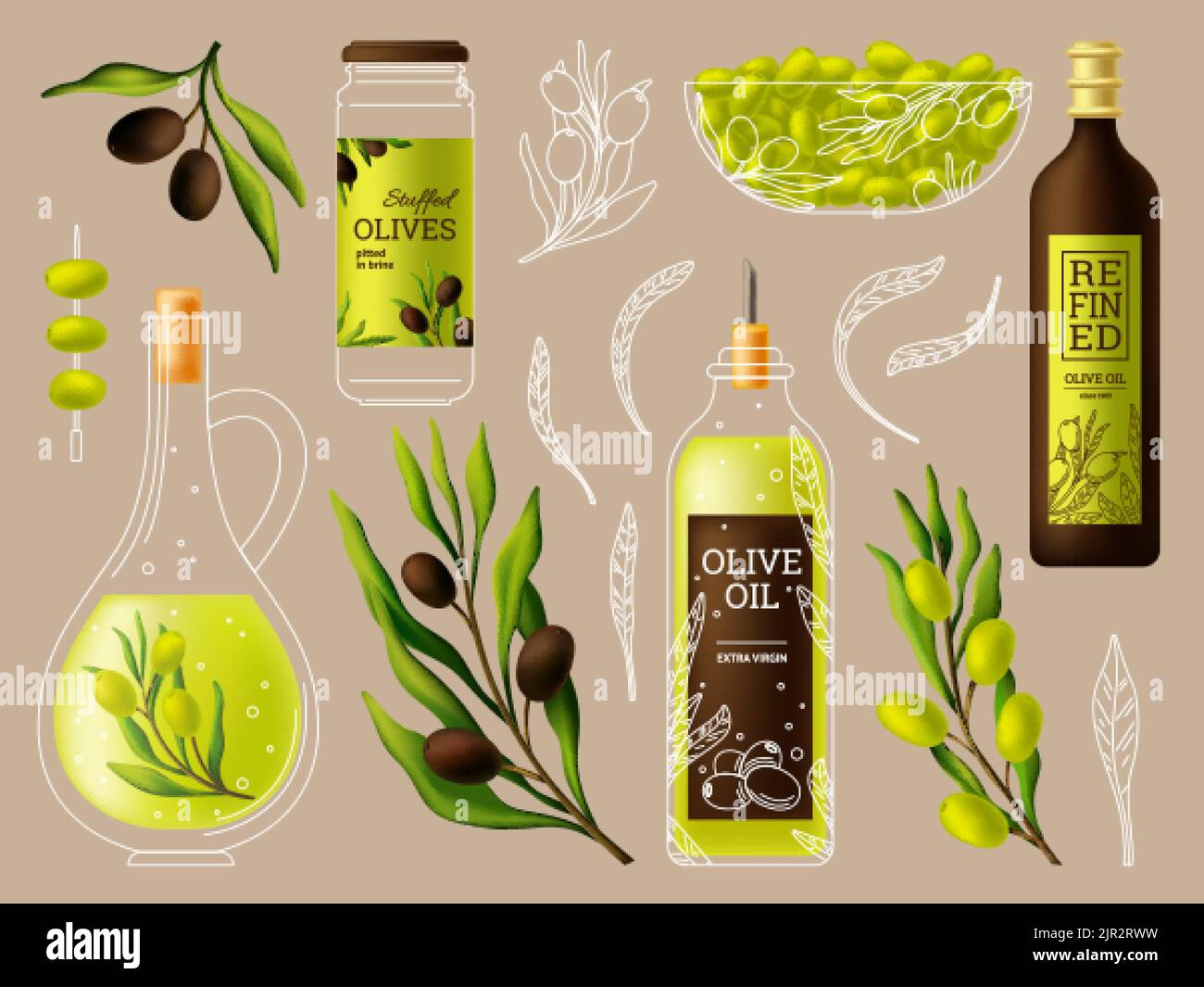 Olive products. Oil ingredients, nature olives purity food. Greek