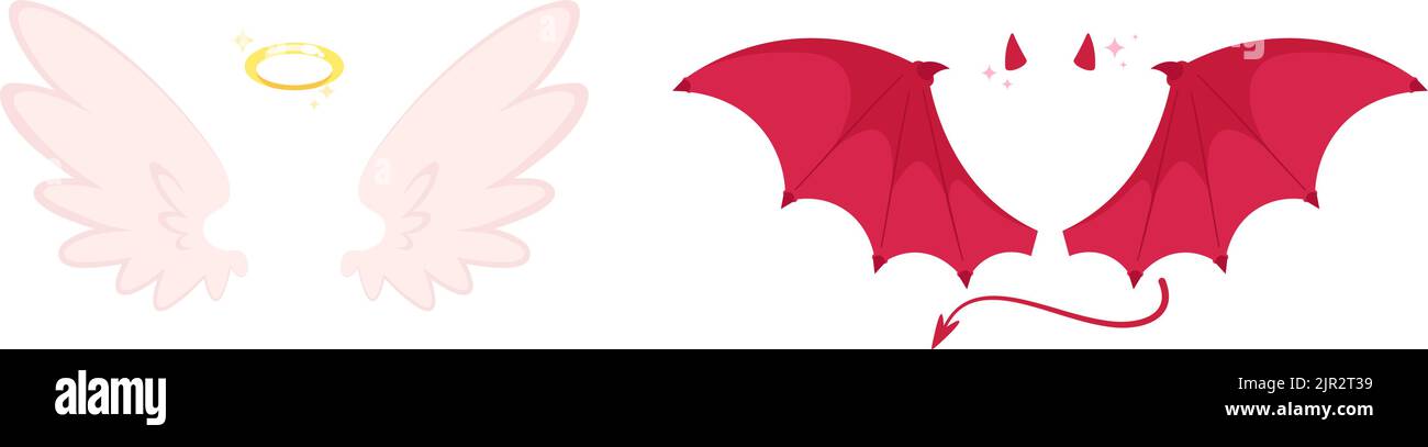 Angel and devil wings. Cartoon costume of bad evil or goodness. Cute white wing with halo, red demonic horns and tail. Isolated flat racy true and Stock Vector