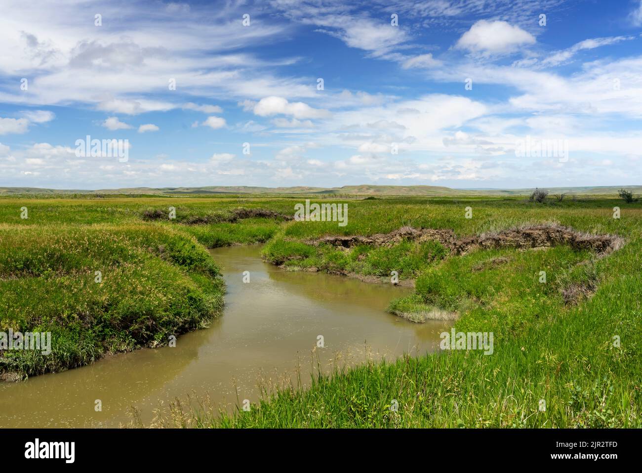 A scenic view of a stream in Grasslands National Park, Saskatchewan, Canada. Stock Photo