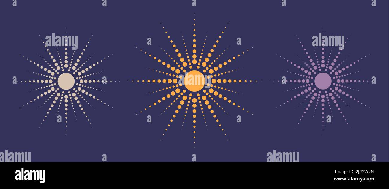 Dotted sun rays, set collection. Vintage sunburst background, logo design, Halftone effect, vector illustration isolated on purple background Stock Vector