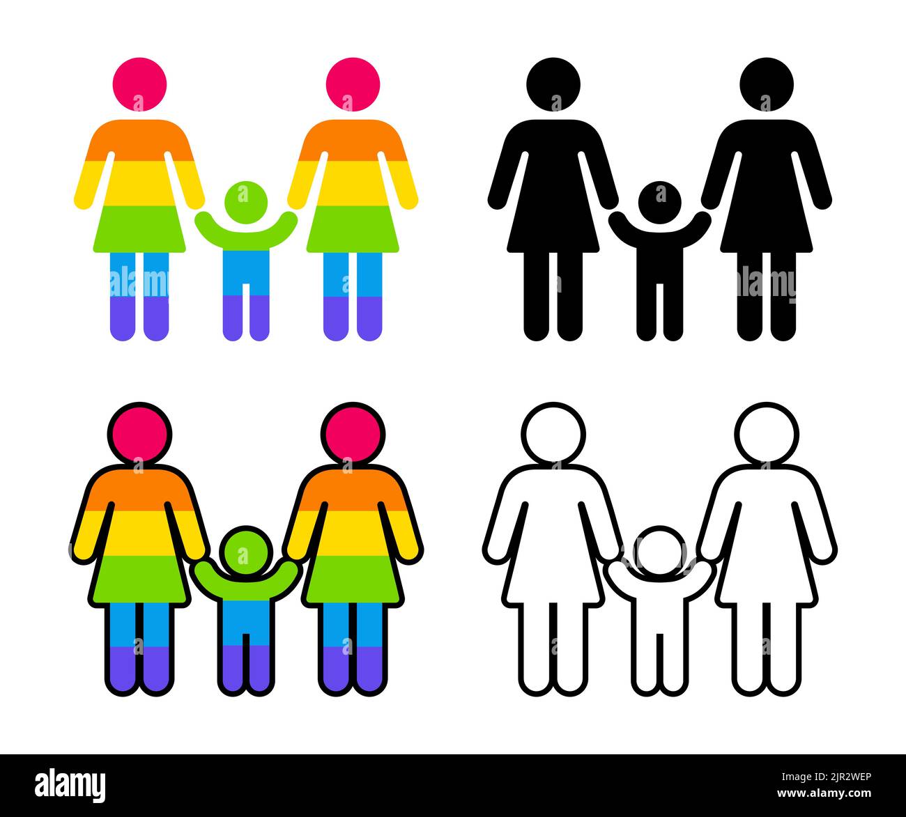 Two moms and child holding hands. Simple vector icon set, LGBT family stickers. Black and white and rainbow pride flag colors. Stock Vector