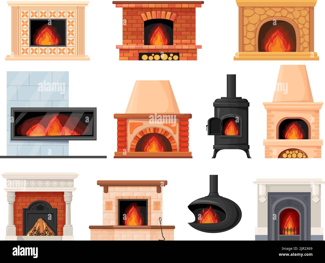 Cartoon fireplaces stoves. Fireplace chimney electric fire wood heat systems, cozy fireside classic decorated home hearth iron stone contemporary heater, neat vector illustration of electric fireplace Stock Vector