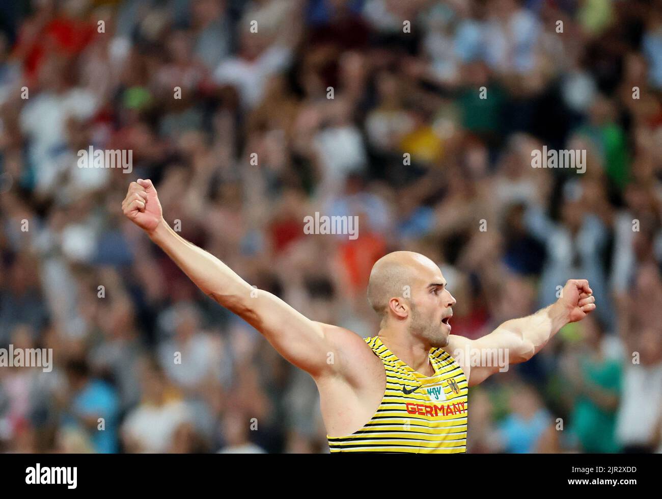 2022 European Championships - Athletics - Olympiastadion, Munich, Germany - August 21, 2022 Germany's Julian Weber reacts during the men's javelin throw final REUTERS/Wolfgang Rattay Stock Photo