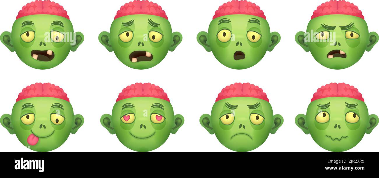 Zombie emoji. Cartoon zombies avatars, comic head brain emoticon dead