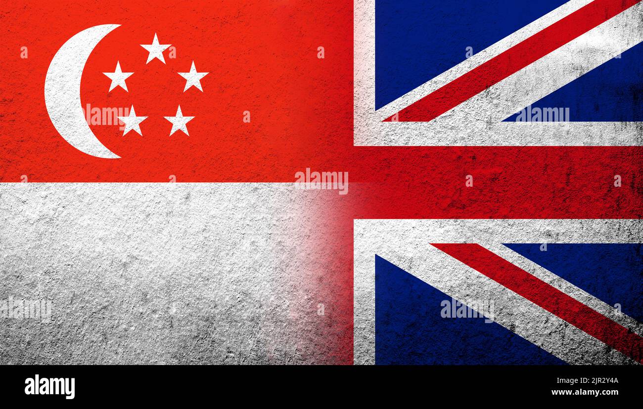 National flag of United Kingdom (Great Britain) Union Jack with the Republic of Singapore National flag. Grunge background Stock Photo