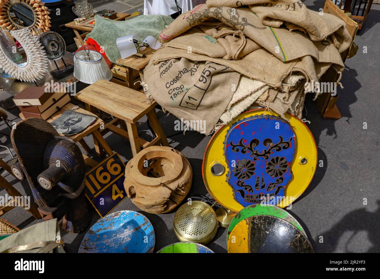 A shot from a Parisian flea market with a variety of items, including accessories and interior objects Stock Photo