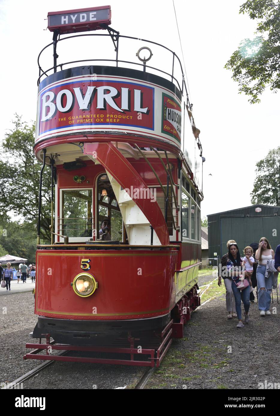 Manchester, UK. 21st August, 2022. The Stockport 5 tram, a four wheel open top Stockport tram with reverse staircases. Antique and vintage trams run in Heaton Park, Manchester, UK. Heaton Park Tramway is jointly run by the Manchester Transport Museum Society, who own a number of vintage trams, and Manchester City Council. Credit: Terry Waller/Alamy Live News Stock Photo