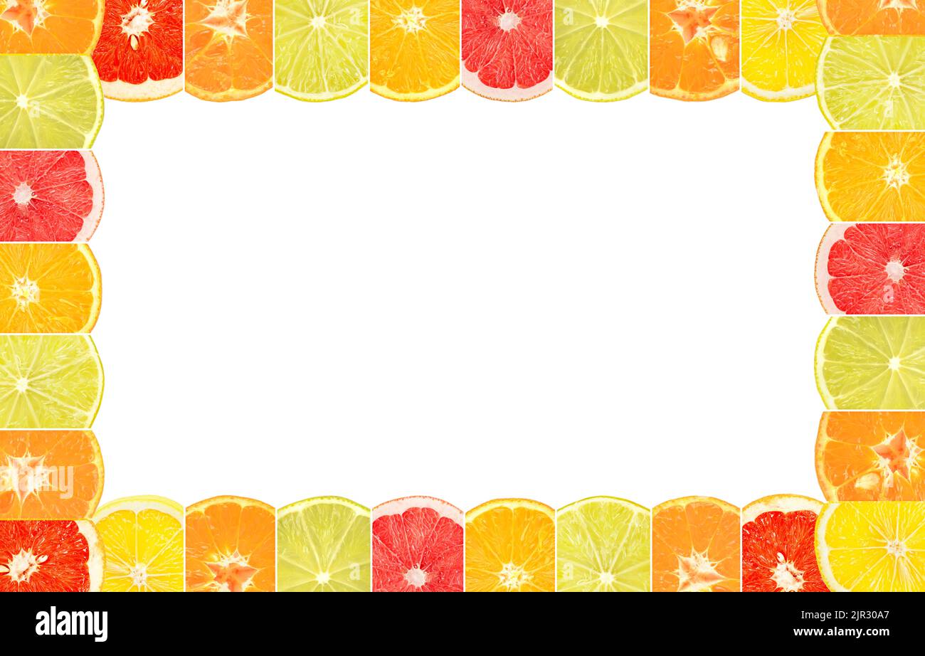 Frame from multicolored citrus fruits isolated on white background. Stock Photo