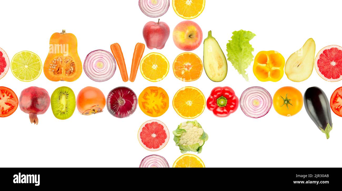 Large size seamless pattern. Wholesome vegetables and fruits isolated on white background. Stock Photo