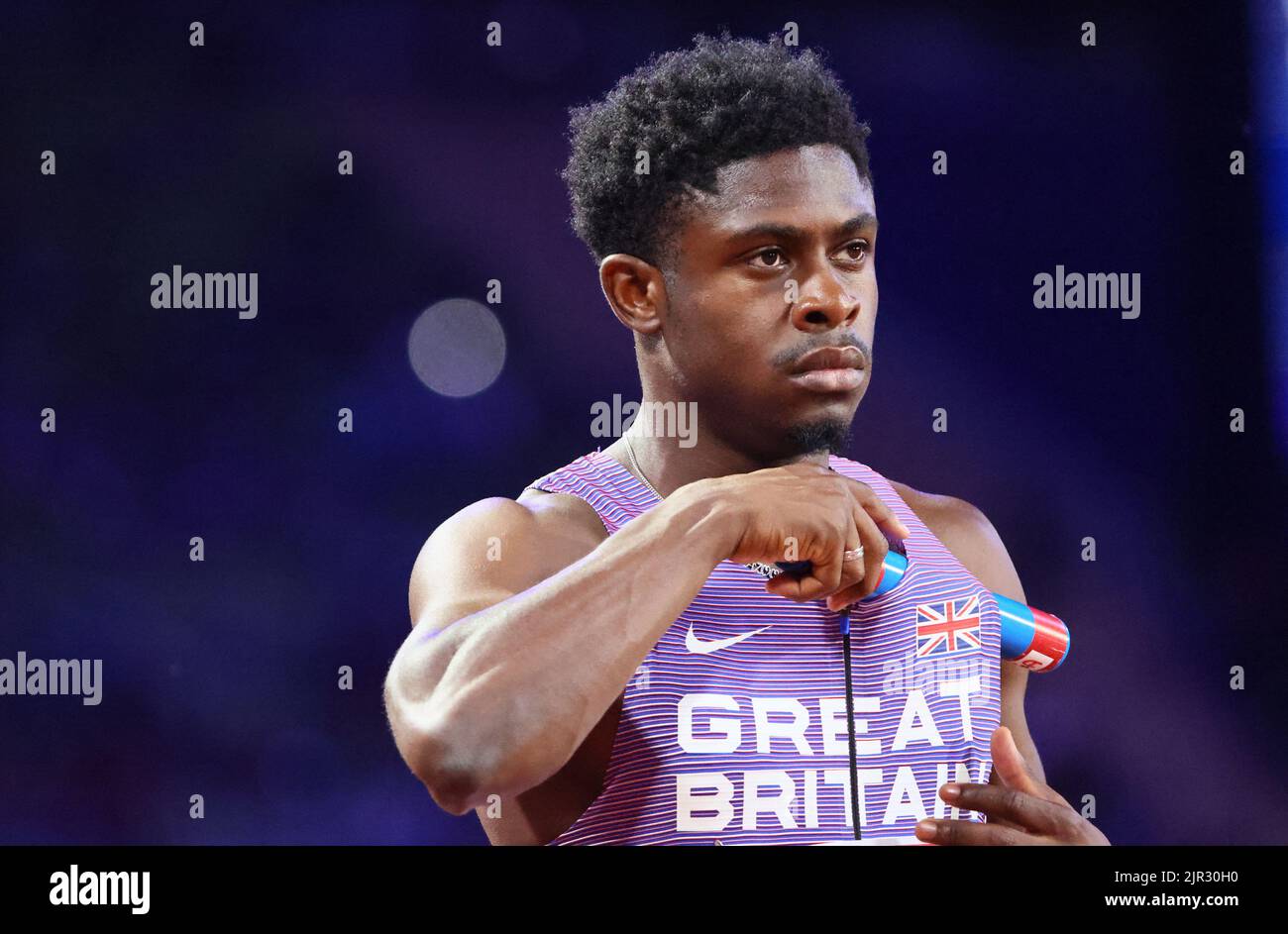 2022 European Championships - Athletics - Olympiastadion, Munich, Germany - August 21, 2022 Britain's Jeremiah Azu before the start of the men's 4 x 100m final REUTERS/Wolfgang Rattay Stock Photo