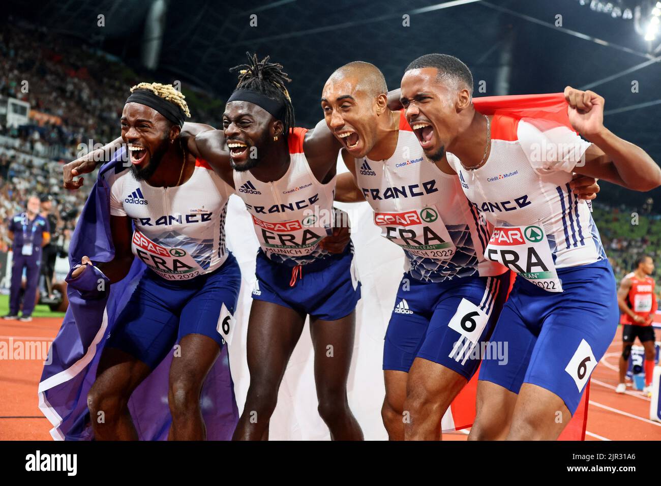 2022 European Championships - Athletics - Olympiastadion, Munich, Germany - August 21, 2022 France's Meba-Mickael Zeze, Pablo Mateo, Ryan Zeze and Jimmy Vicaut celebrate after winning silver in the men's 4 x 100m final REUTERS/Wolfgang Rattay Stock Photo