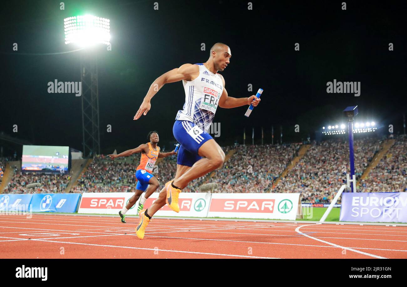 2022 European Championships - Athletics - Olympiastadion, Munich, Germany - August 21, 2022 France's Jimmy Vicaut in action during the men's 4 x 100m final REUTERS/Wolfgang Rattay Stock Photo