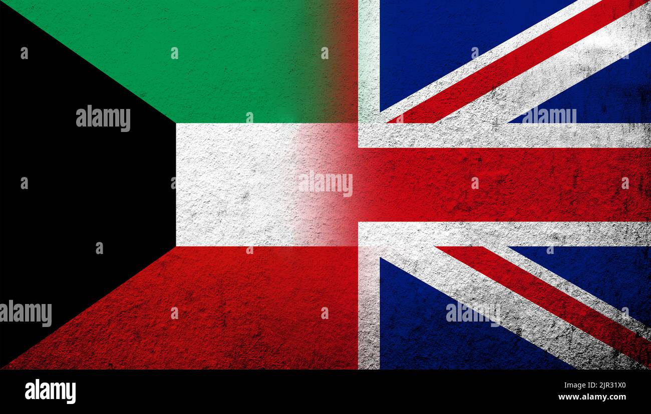 National flag of United Kingdom (Great Britain) Union Jack with The State of Kuwait National flag. Grunge background Stock Photo