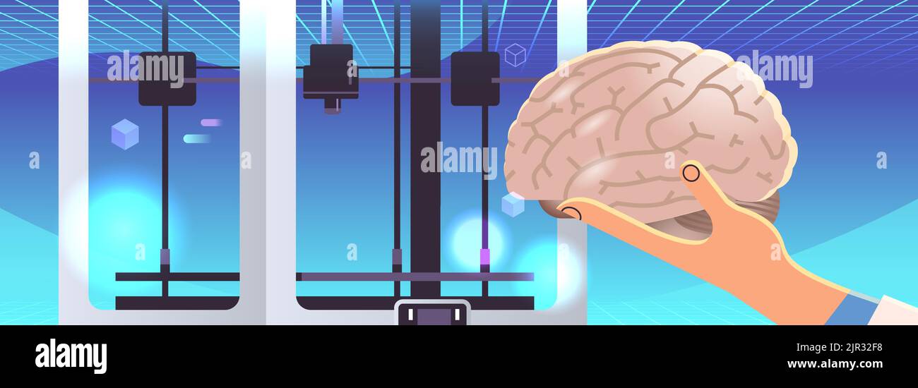 researcher hand holding brain model printed on 3d bio printer medical ...