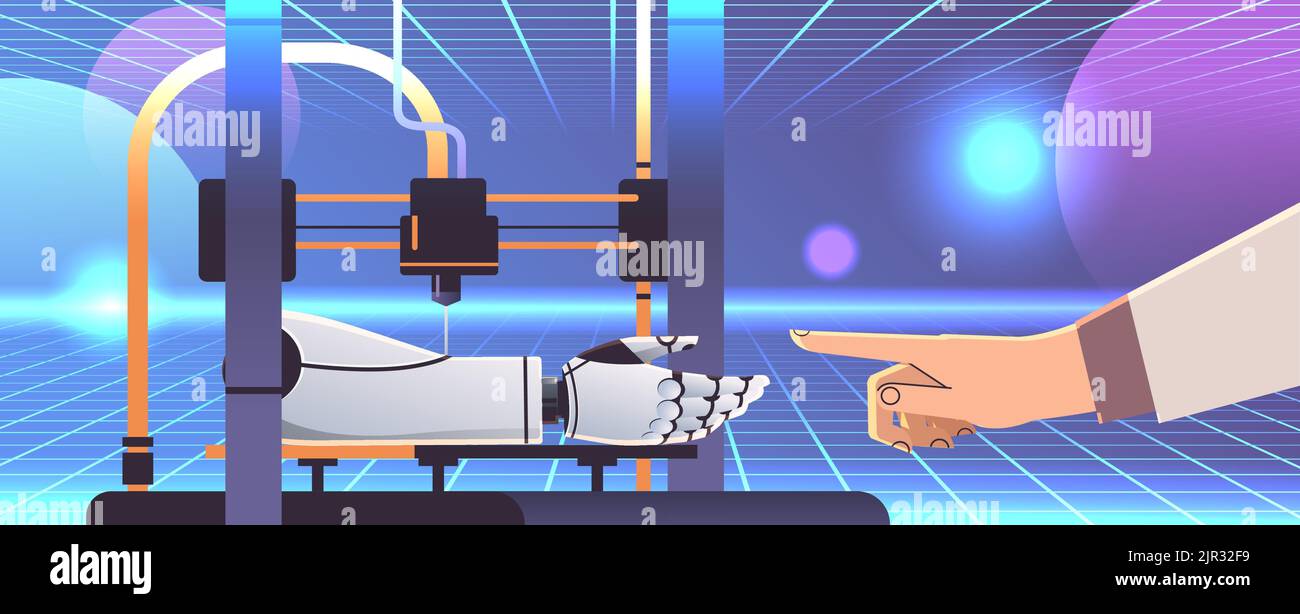 scientists hand touching robotic hand model printed on 3d printer ...