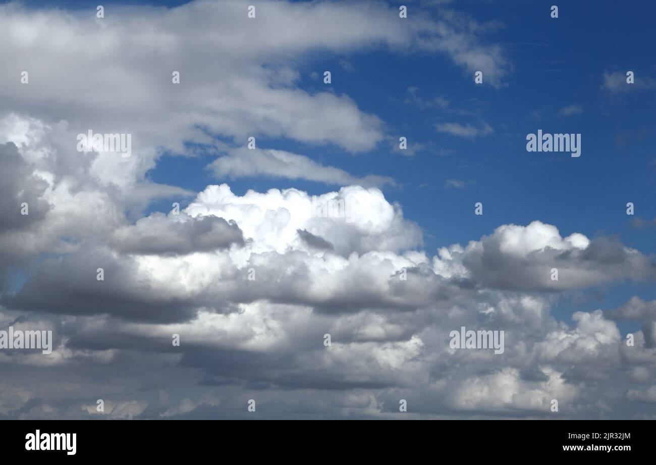 White cumulus clouds, grey clouds, blue sky, dramatic, turbulent sky