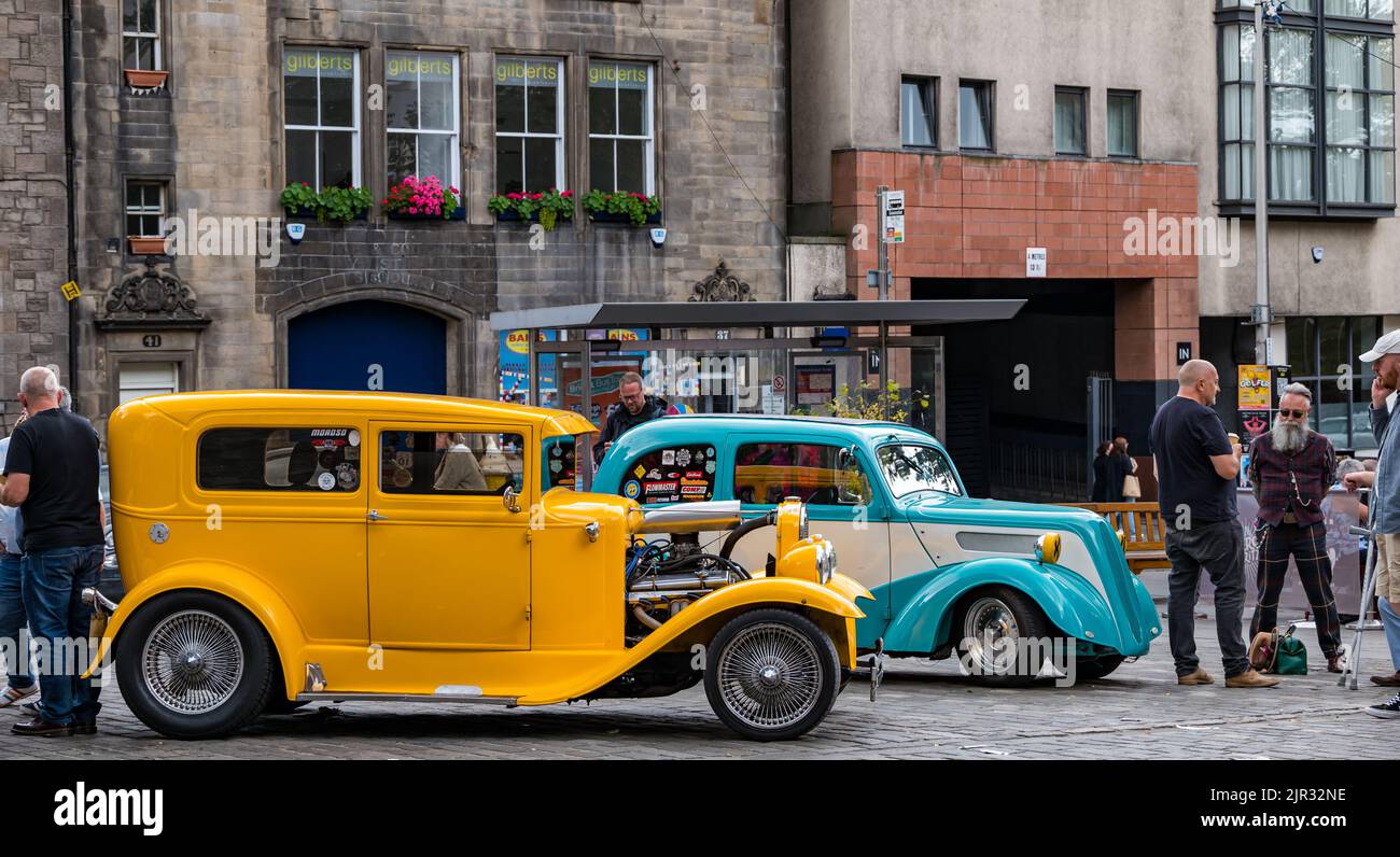 A vintage yellow 1930 Ford Model A on display in the Grassmarket, Edinburgh, Scotland, UK Stock Photo