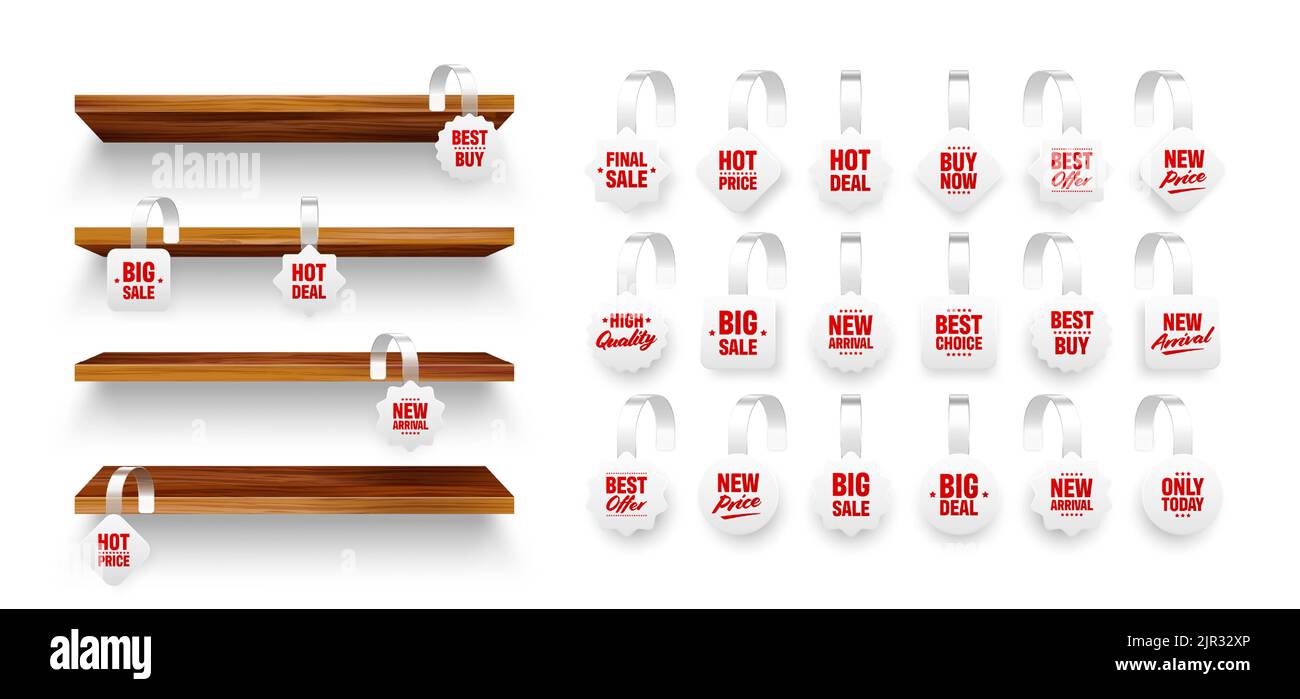 Wooden store shelves with supermarket promotional wobblers. Product