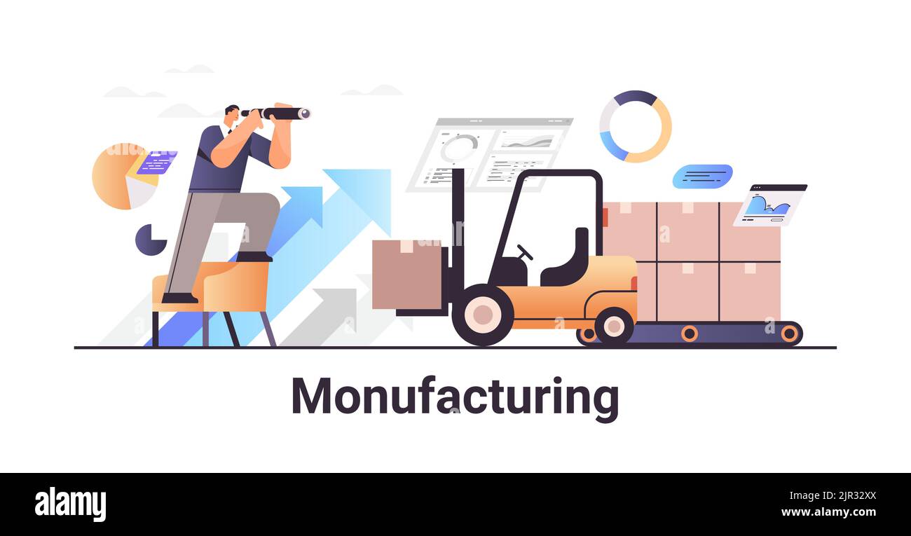 businessman looking through binocular on forklift with cardboard box carbon credit manufacturing concept Stock Vector