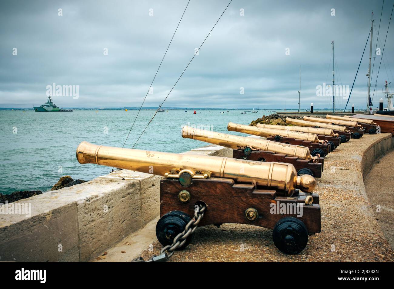 Cowes, Isle of Wight, UK. August 2nd 2022. Cowes week Sailing Regatta. Brass canons line up on the harbour wall during the Cowes week sailing rega Stock Photo