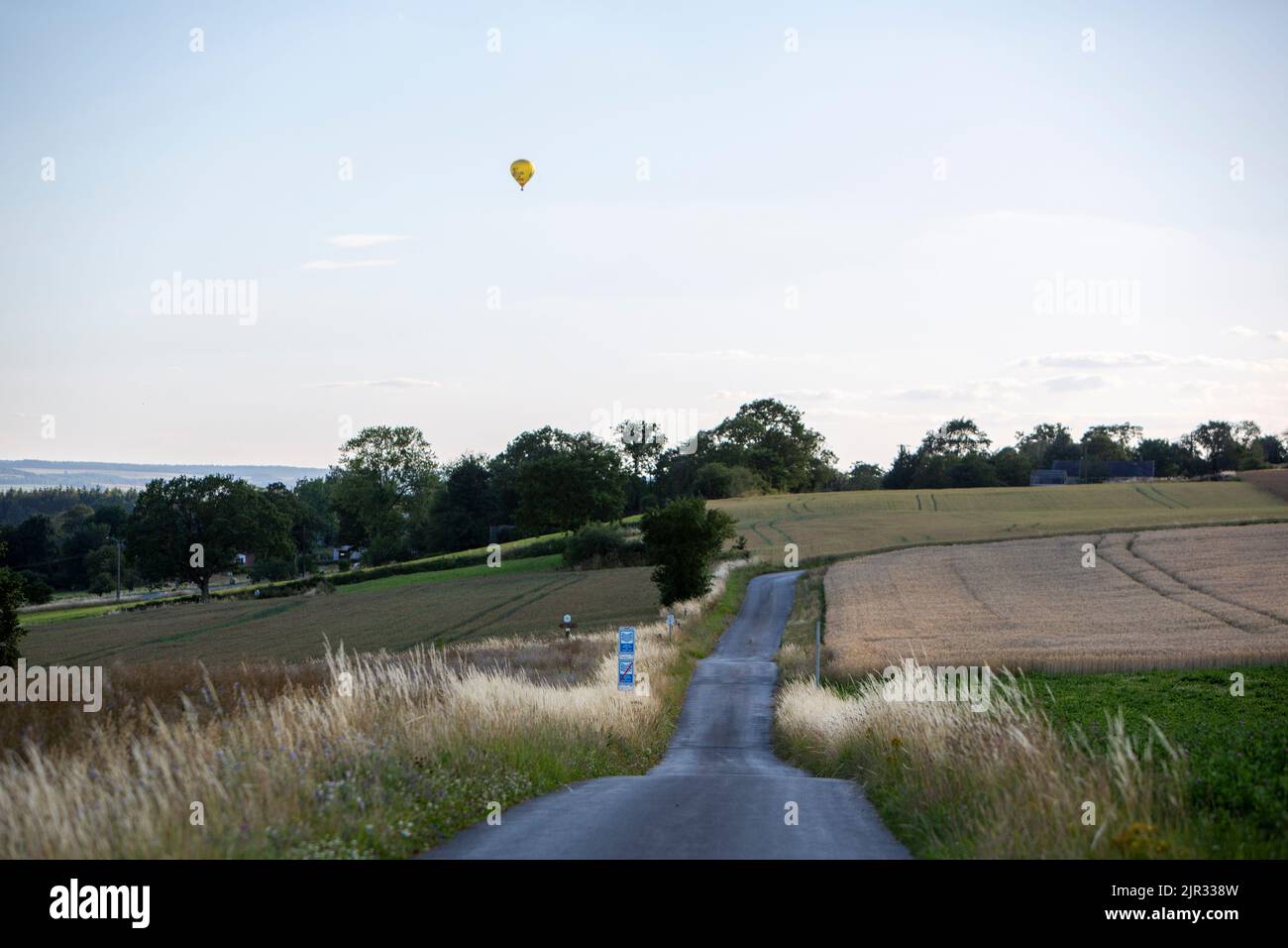 hot air balloon over ardennes landscape near han sur lesse and rochefort in belgium Stock Photo