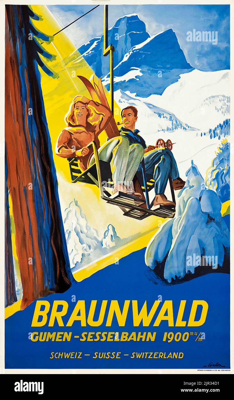 Vintage Travel Poster - Eric de Coulon - BRAUNWALD Gumen - Sesselbahn ...