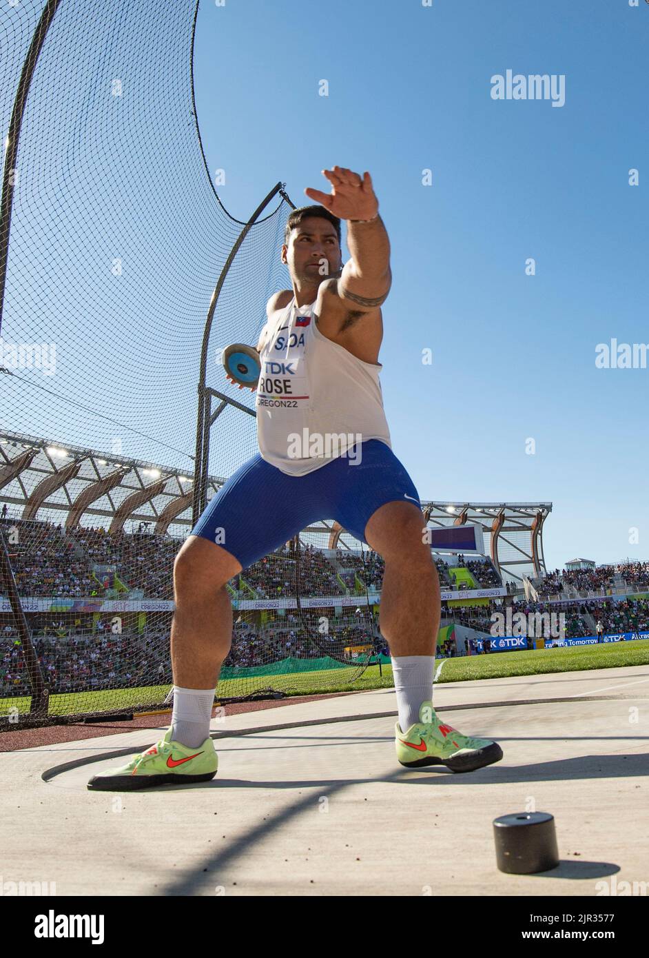 Oregon Discus Alex Rose of Samoa competing in the men’s discus heats at Hayward Field ...